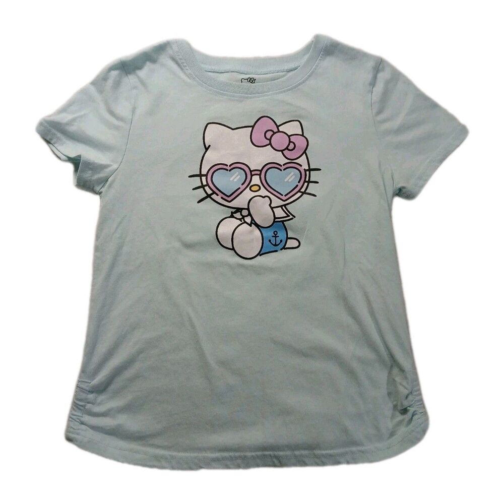 Hello Kitty Girls T-Shirt Size 12 Light Blue Summer Beach Heart Sunglasses